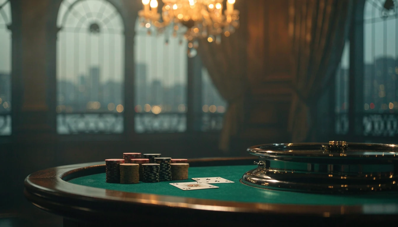 Luxurious UK casino table with poker chips, playing cards and a roulette wheel at evening