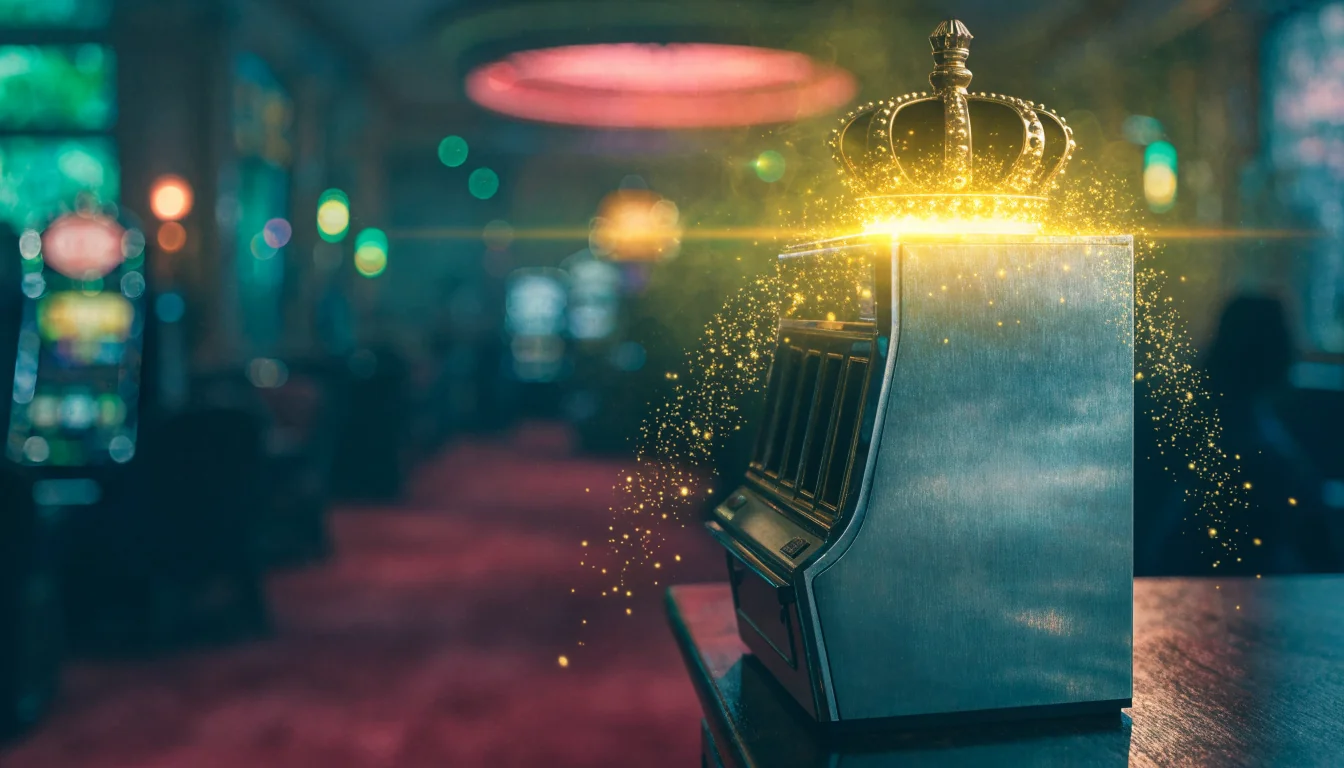 Glowing slot machine radiating golden jackpot light in a dim casino lounge.