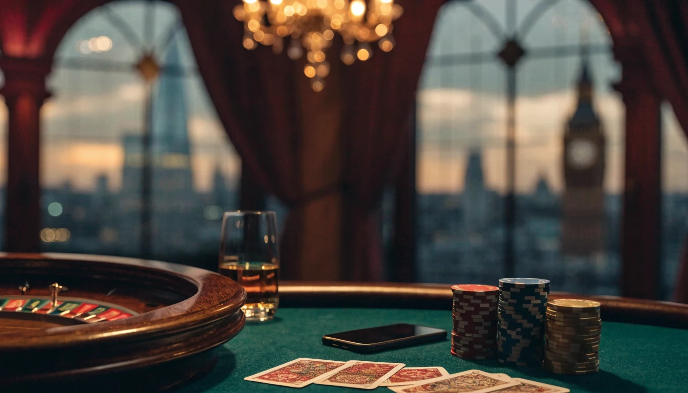 Elegant British casino table with chips, roulette wheel, and cards in a London skyline setting