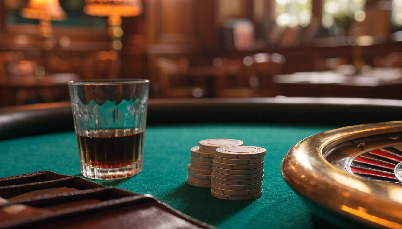 Casino chips, roulette wheel and card shoe on green felt in a classic British gaming lounge