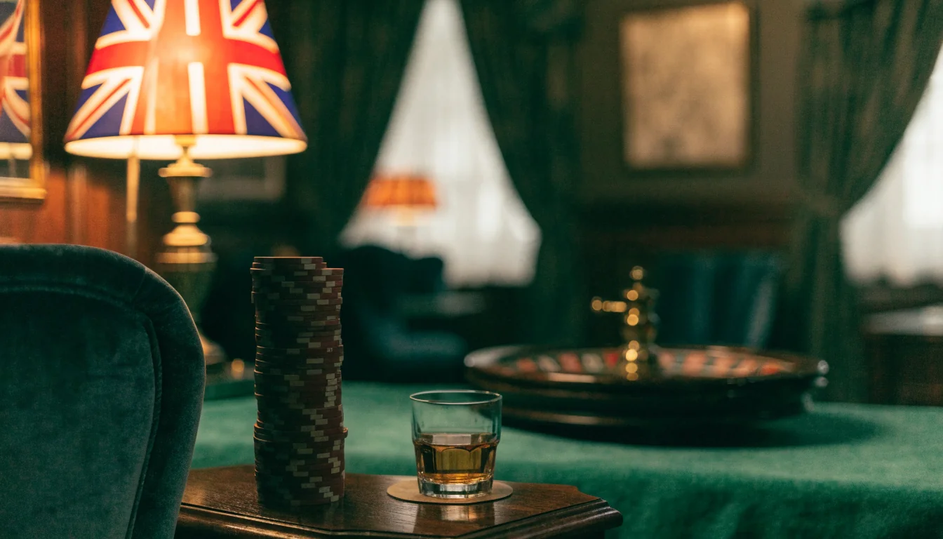 Cozy British casino lounge with poker chips, roulette wheel and whisky glass