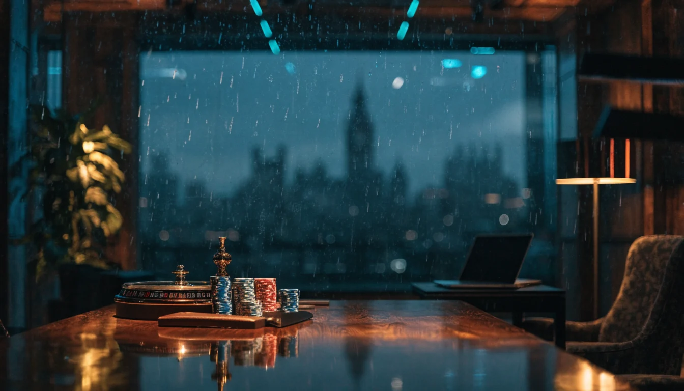 Casino table with chips, roulette wheel and card shoe in a modern British lounge setting.