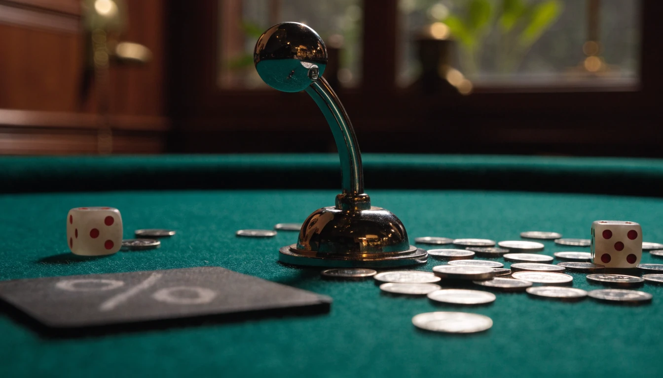 Cherry slot lever, silver coins, and dice on a green casino table with warm light.