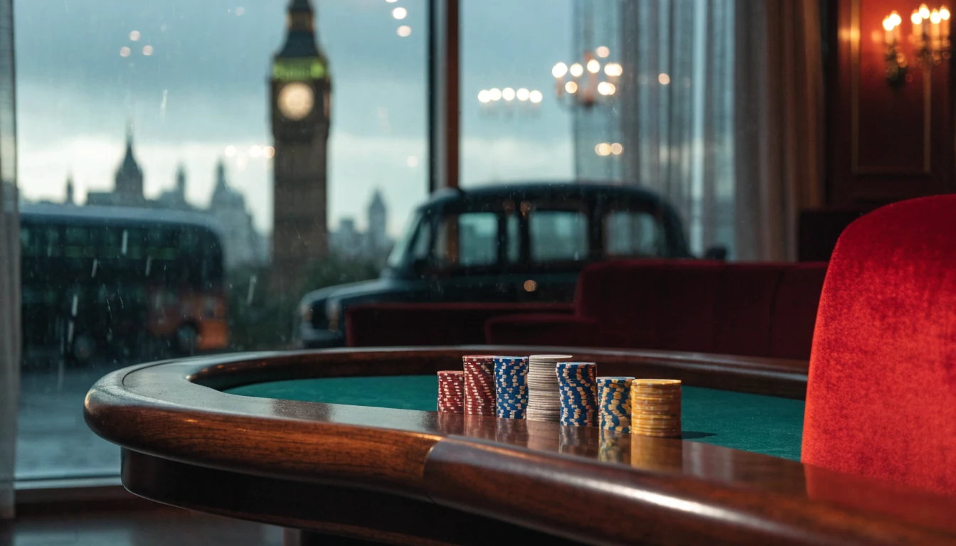 British casino lounge interior with chips and London skyline view