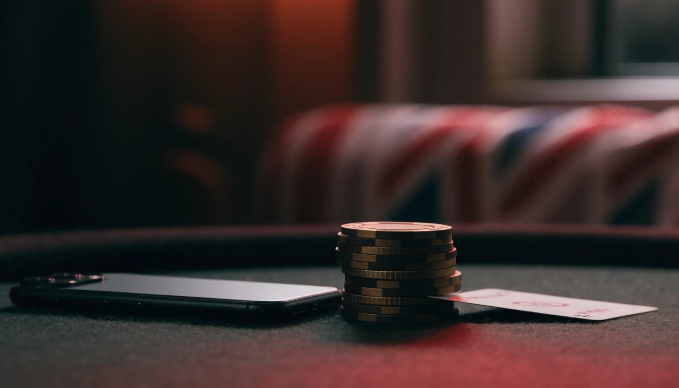 Smartphone, casino chips, and a playing card on a dark felt surface, British online gambling atmosphere