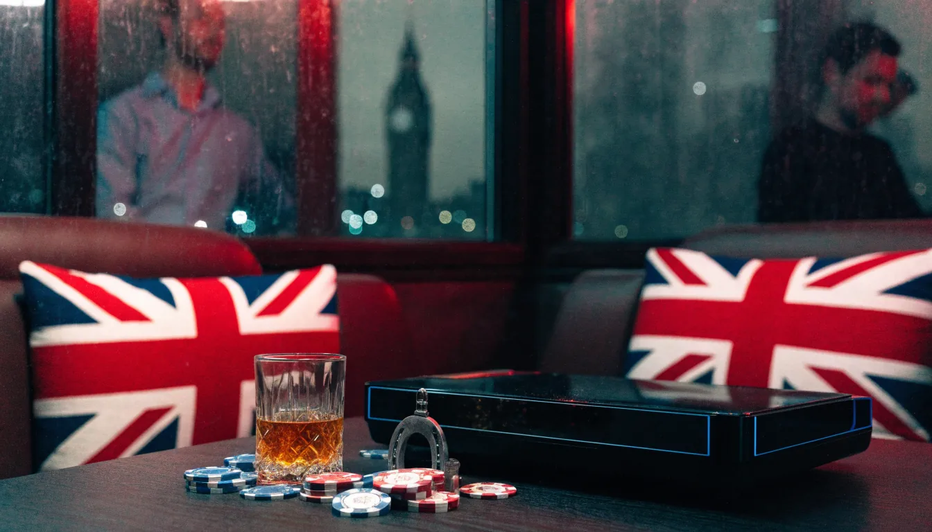Modern London gaming lounge with a slot terminal, chips, and British decor