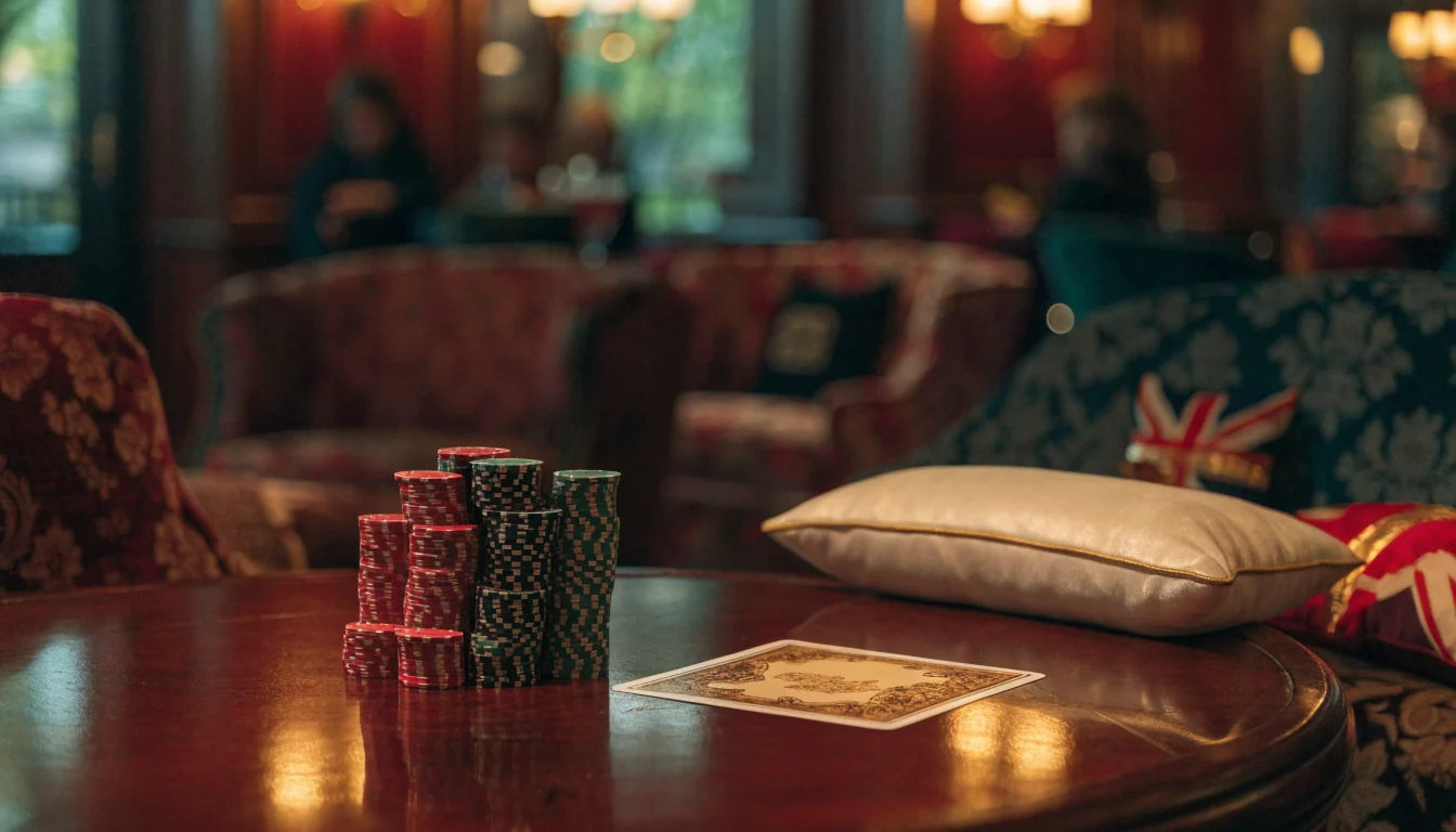 Stylish UK casino lounge with chips on a table, soft red and gold lighting