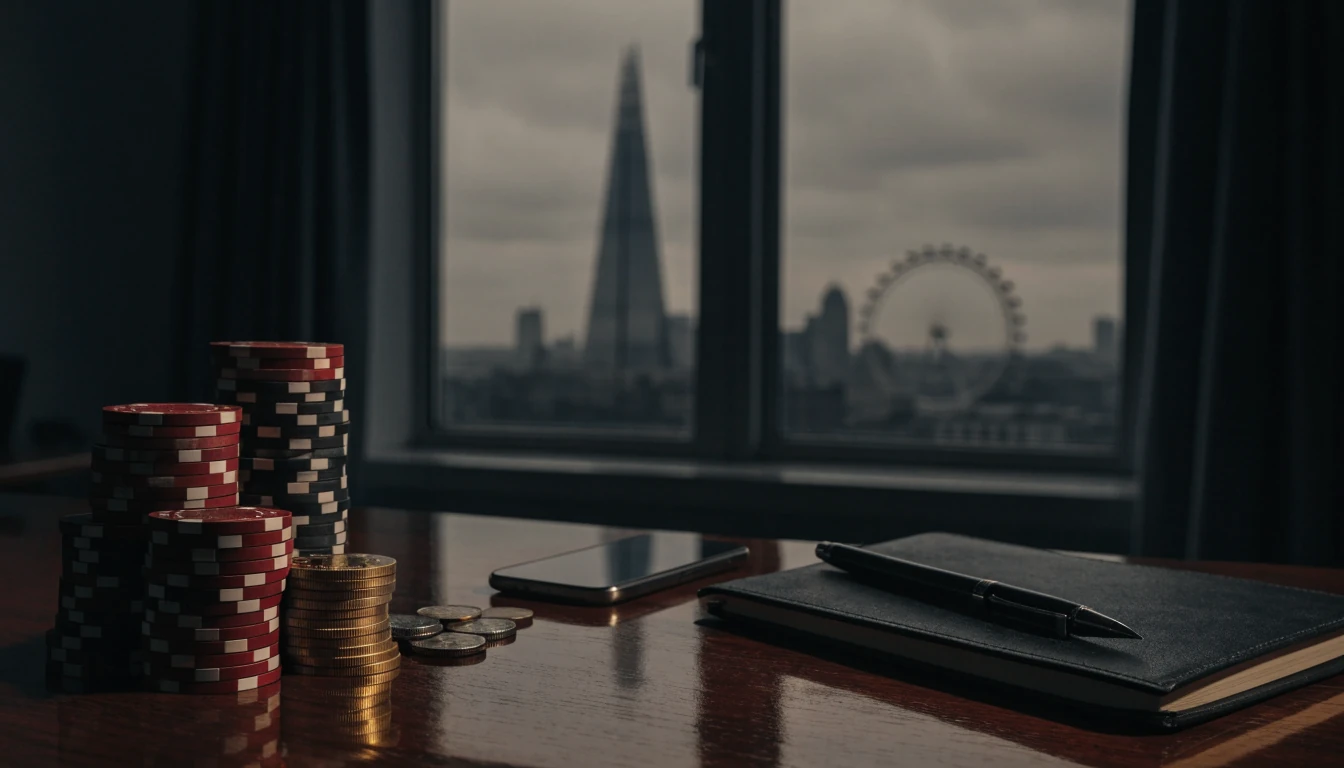 Casino chips, coins, and a face-down phone with the London skyline in the background.