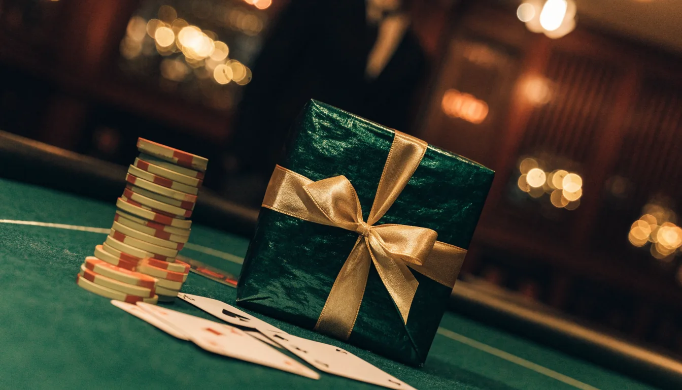 Birthday gift box with ribbon on a casino table with poker chips and cards.