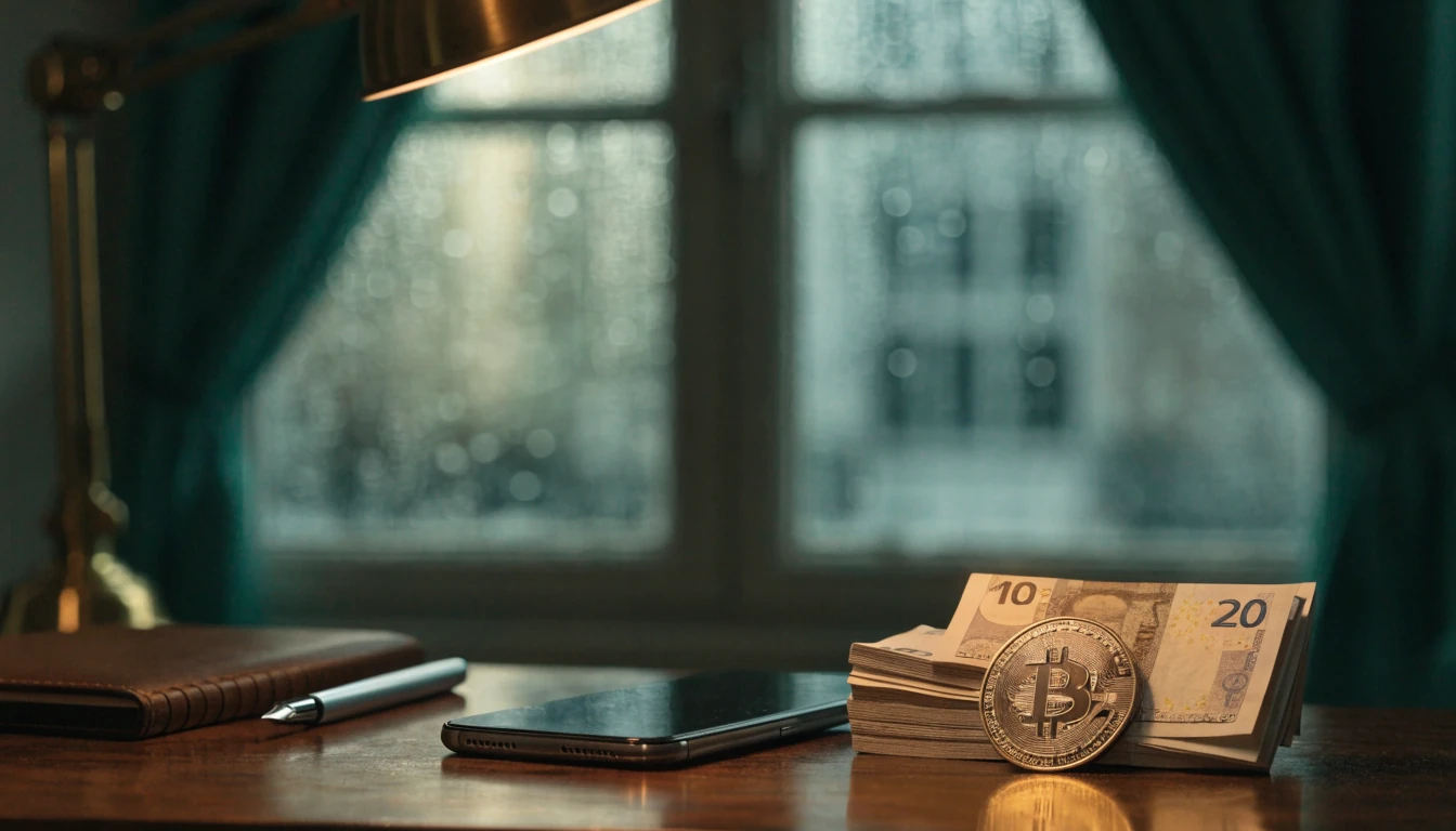 Smartphone, pound notes, and Bitcoin Cash coin on a desk, London office setting.