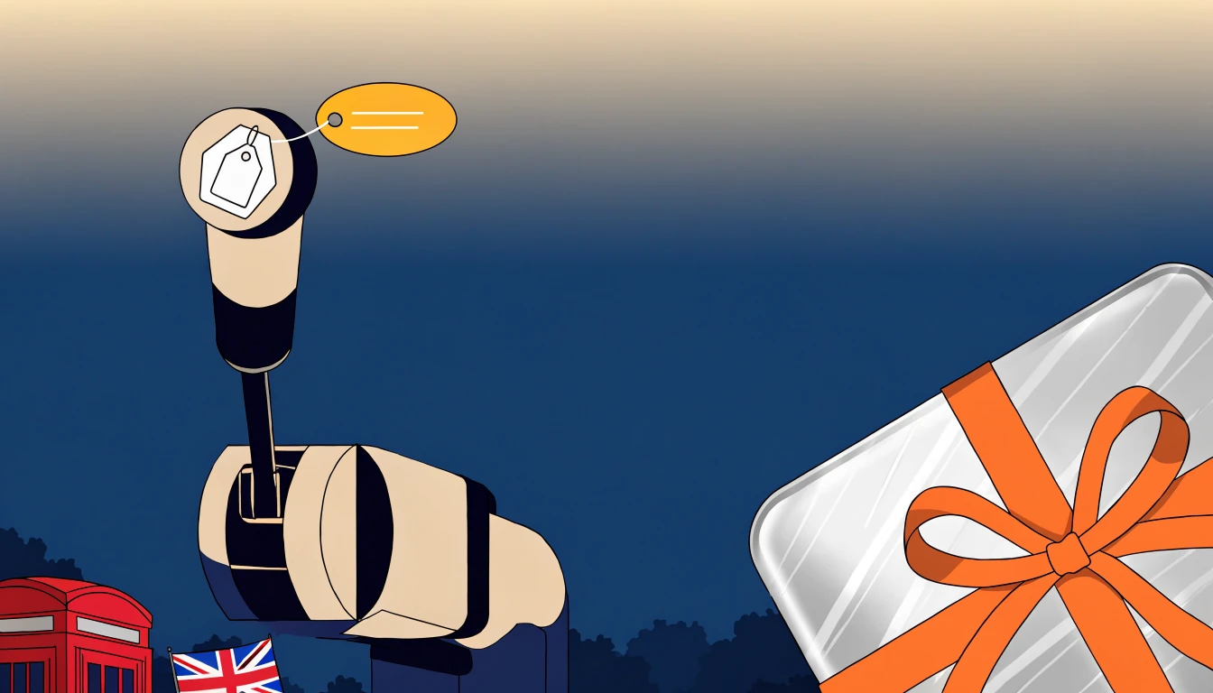 Illustration contrasting a slot bonus-buy icon with a promotional gift box on a UK-themed background