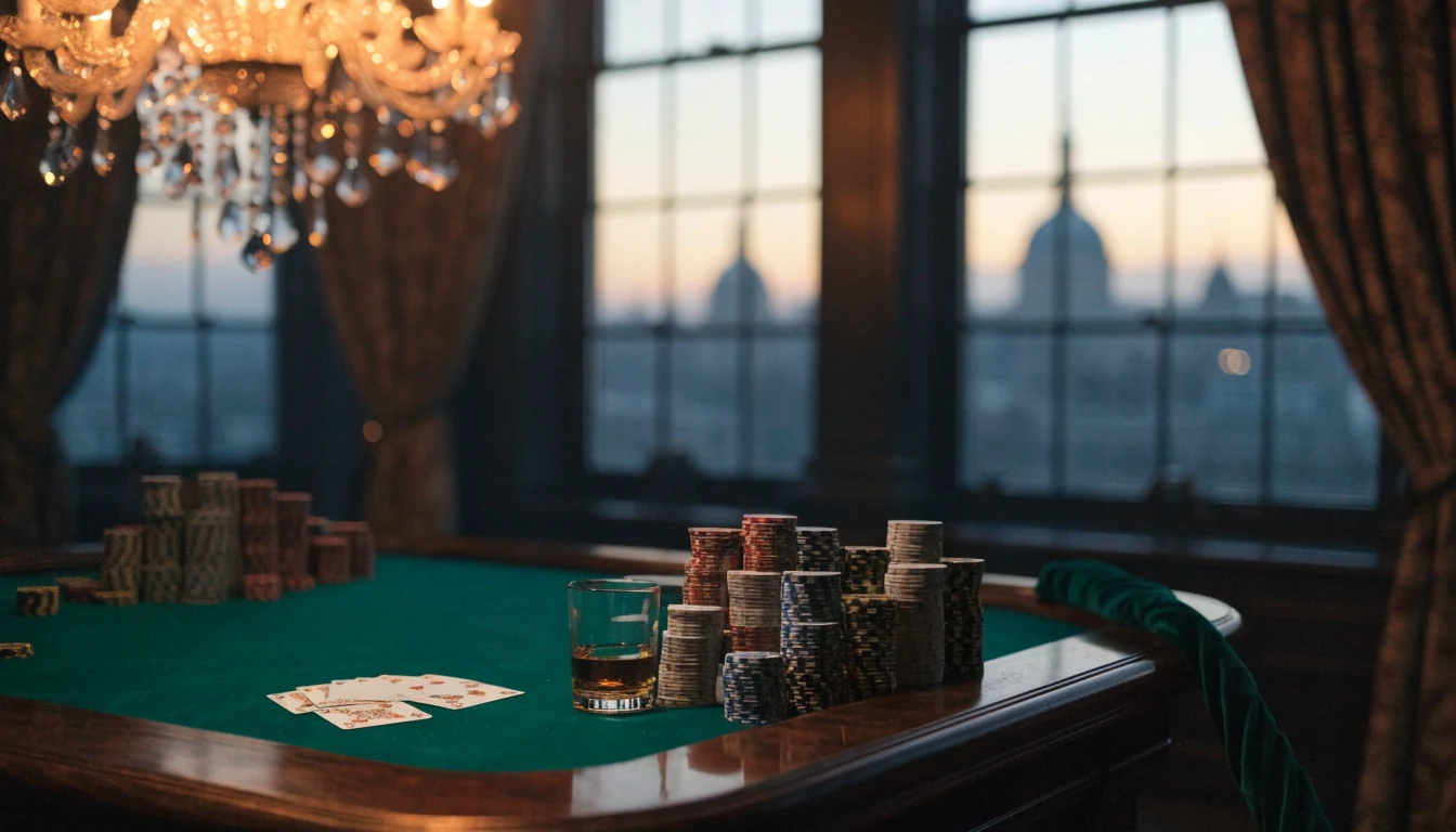 Moody London private club room with chips, cards and whisky on a mahogany table