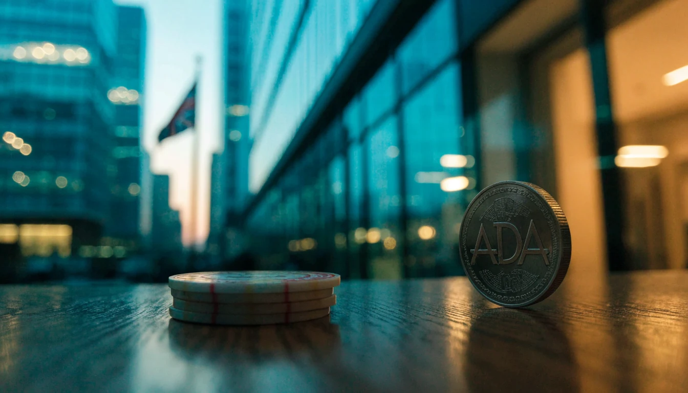 Casino chips and a Cardano coin on a table with a London office skyline and Union Jack in the background
