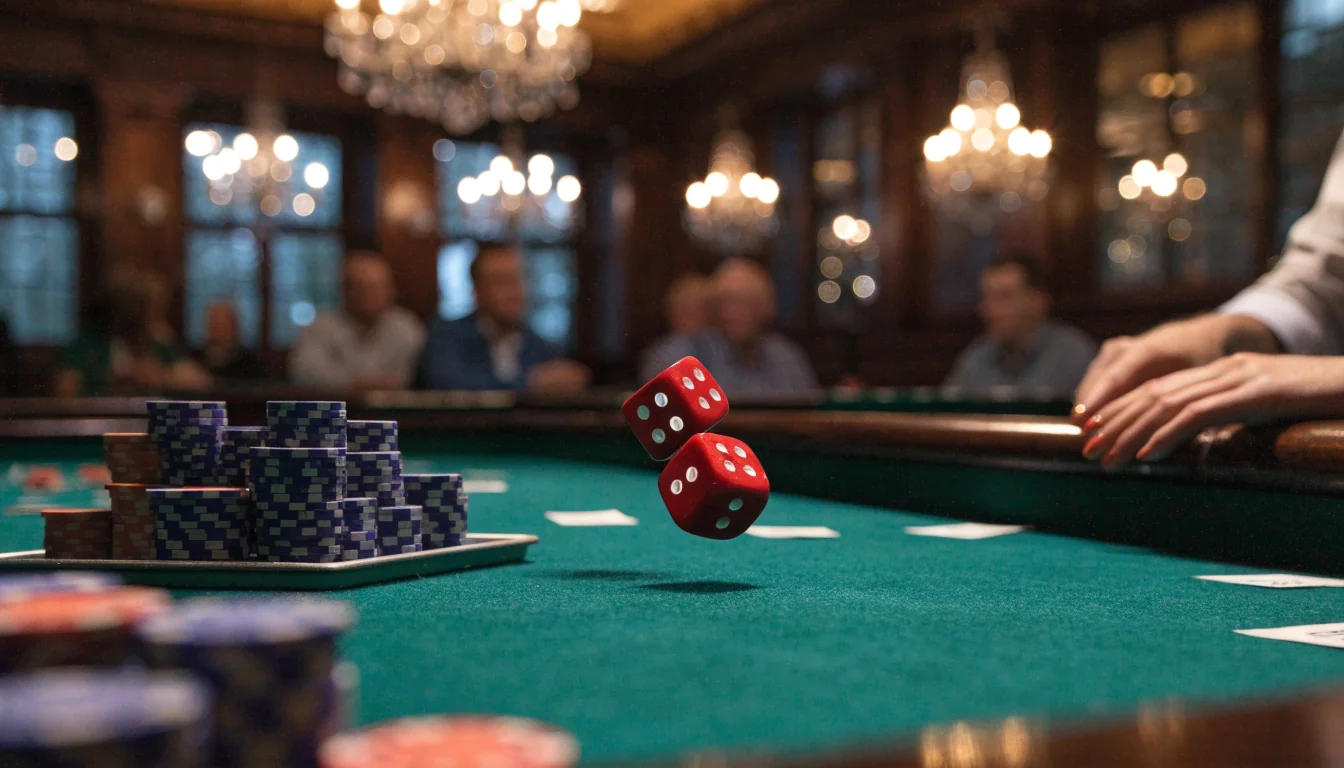 Red dice rolling on a green felt casino craps table with chip stacks, UK gaming room interior.