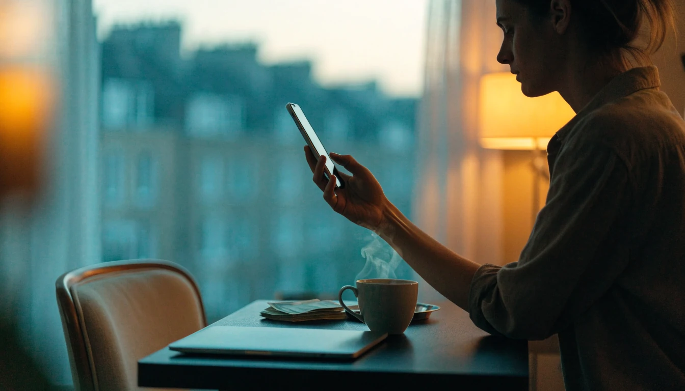 Person at a London desk holding a phone with screen turned away, tea and pound notes nearby.