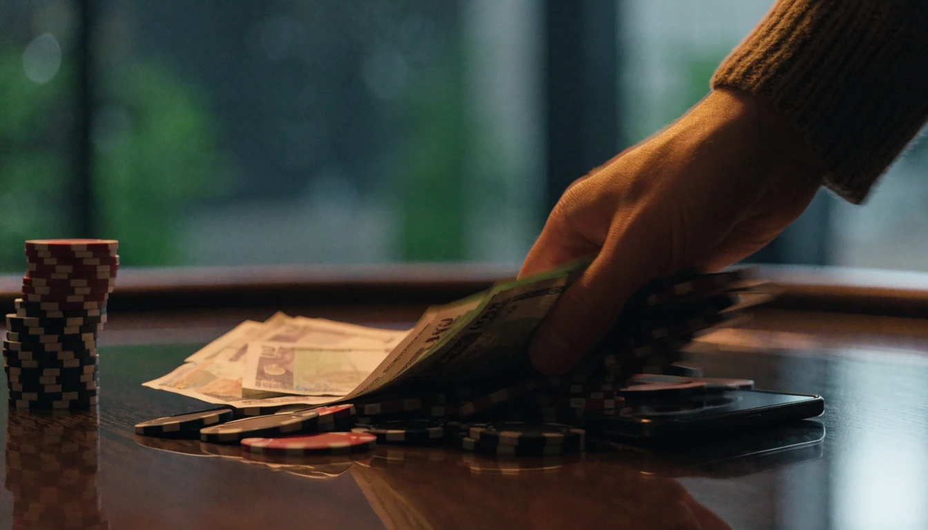 Hand quickly collecting casino chips and British pound banknotes on a wooden table.