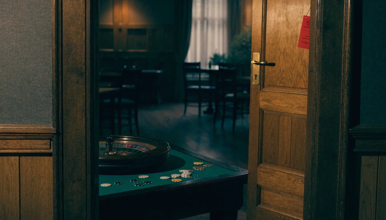 Empty UK pub room with roulette wheel and locked self-exclusion door