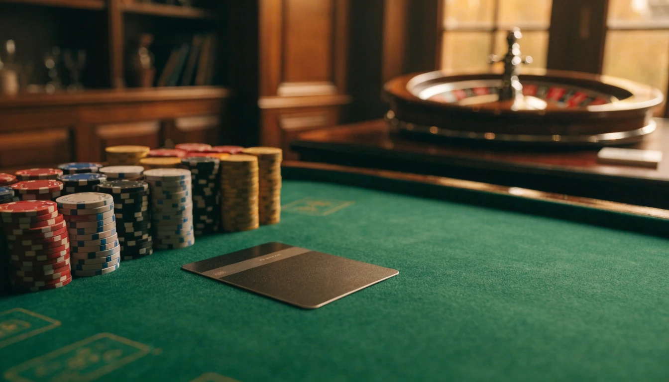 Face-down credit card on green felt casino table beside chips and roulette wheel