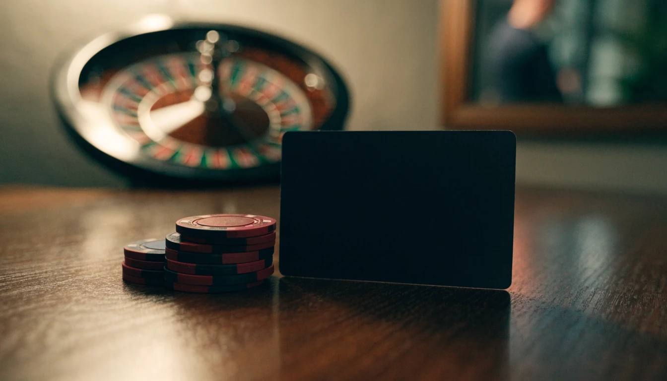 UK debit card with casino chips and roulette wheel on a wooden desk.