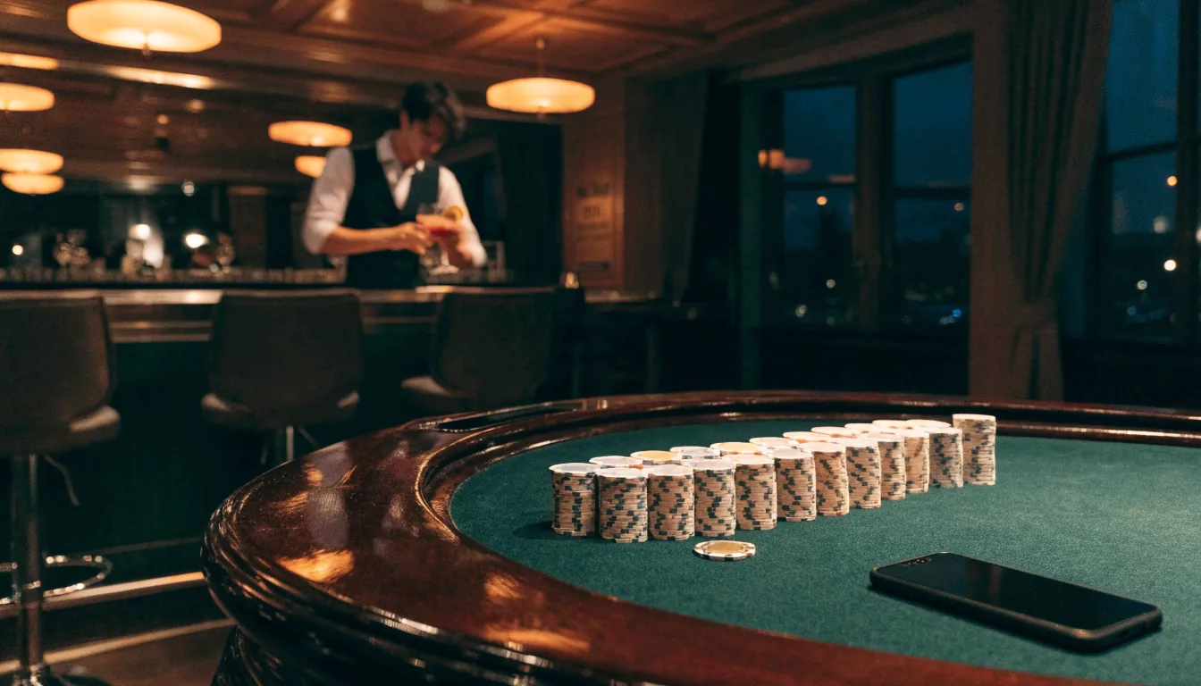 Elegant London casino lounge with a blackjack table, chips, and a face-down smartphone.
