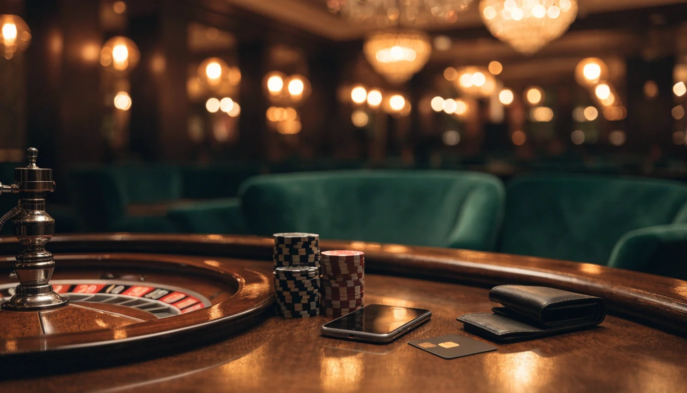 Elegant UK casino table with chips, roulette wheel, and contactless payment card.