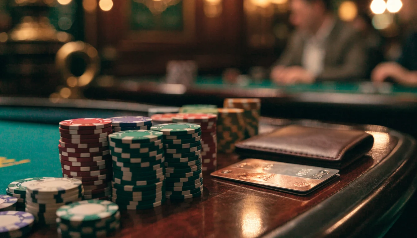 Casino table with stacked chips and a metallic bank card on dark mahogany surface