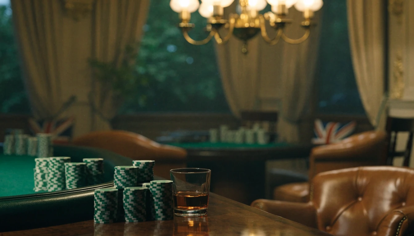 Elegant VIP casino lounge with chips and whisky glass, London setting