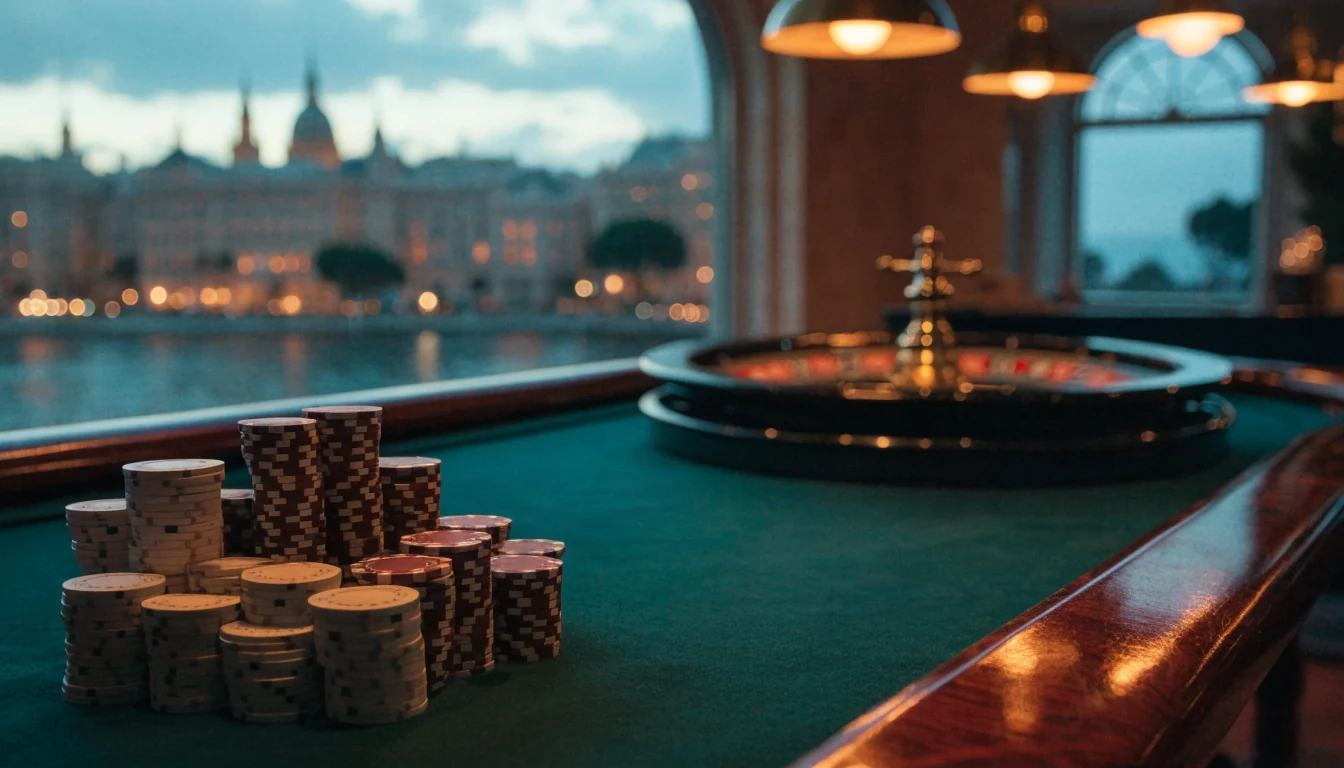 Elegant casino table with stacked chips and roulette wheel near coastal window at dusk