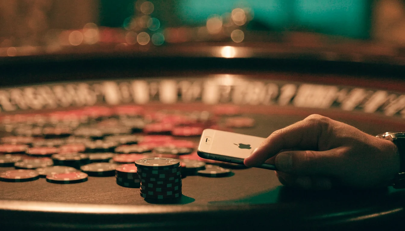 Hand holding iPhone over casino chips and roulette wheel