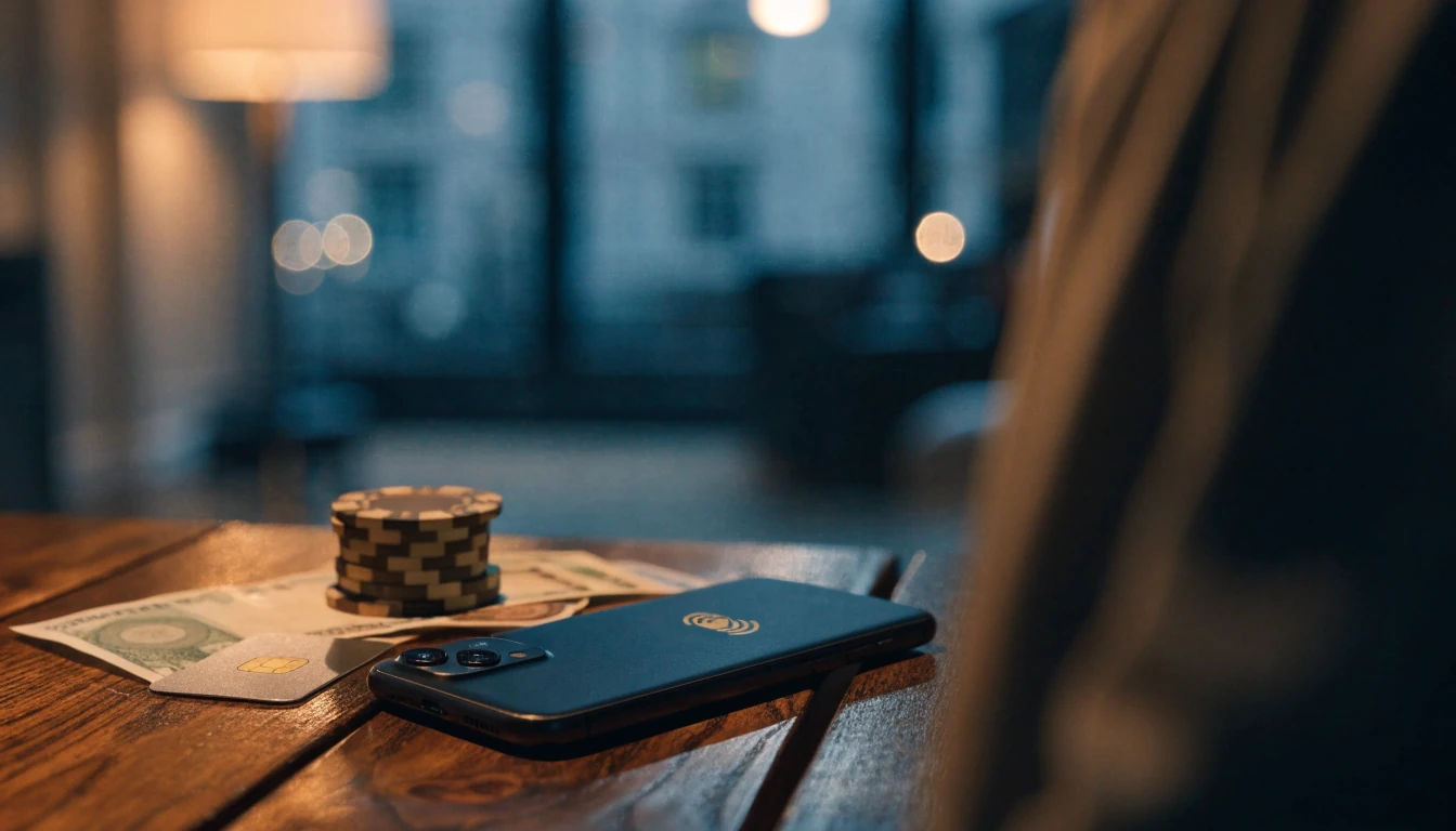 Smartphone with cashier screen turned away on a casino table with chips and payment card