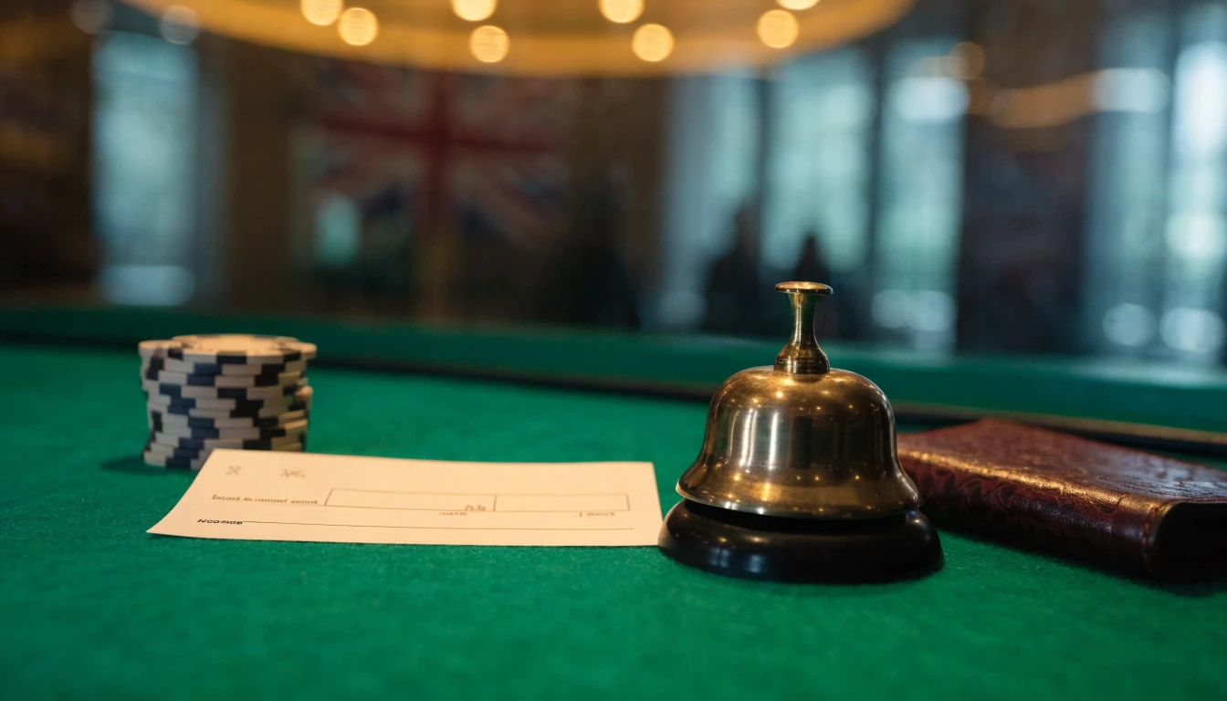 British casino cashier desk with a bank cheque and chips