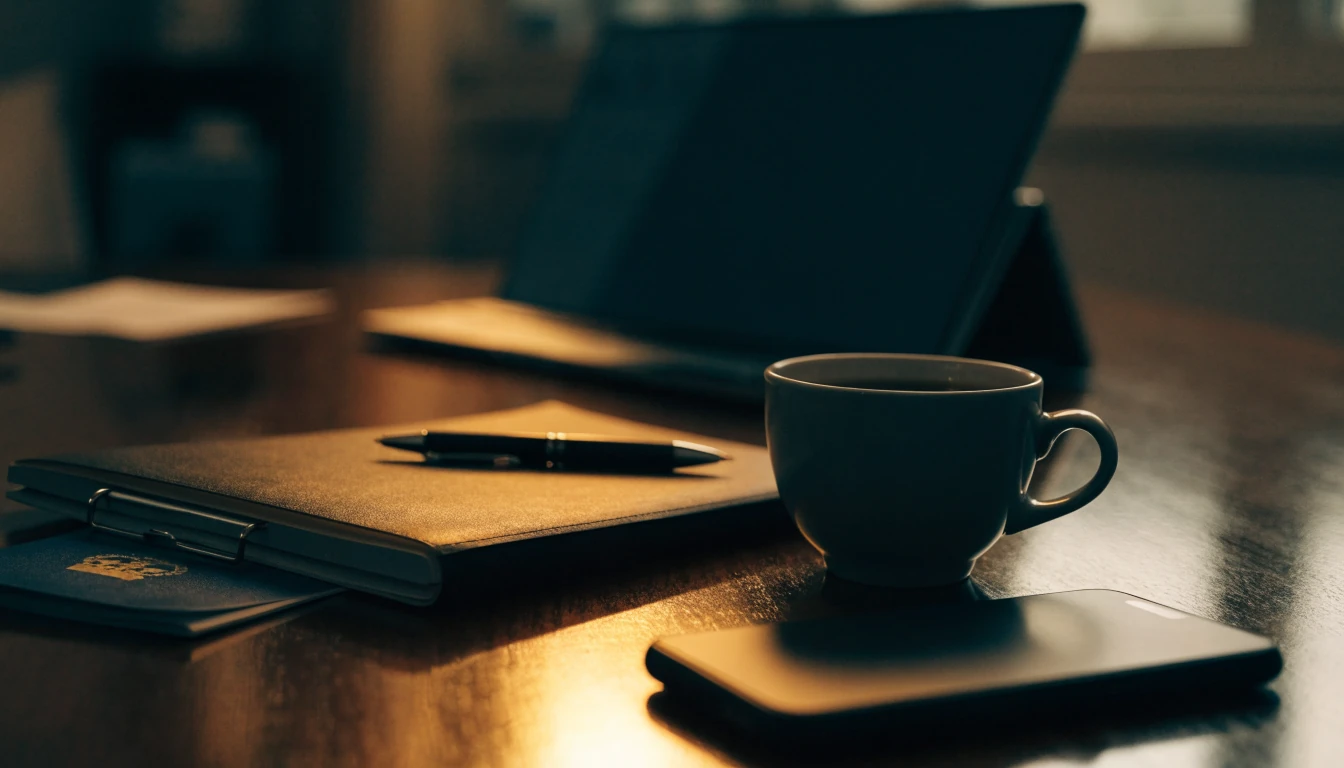 Bank chequebook, face-down smartphone and passport on a dark wooden desk, suggesting secure UK bank transfer payment.