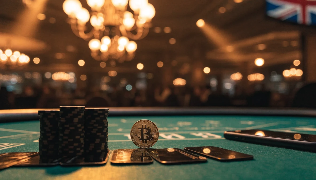 Casino table with chips and a Bitcoin token under warm lighting