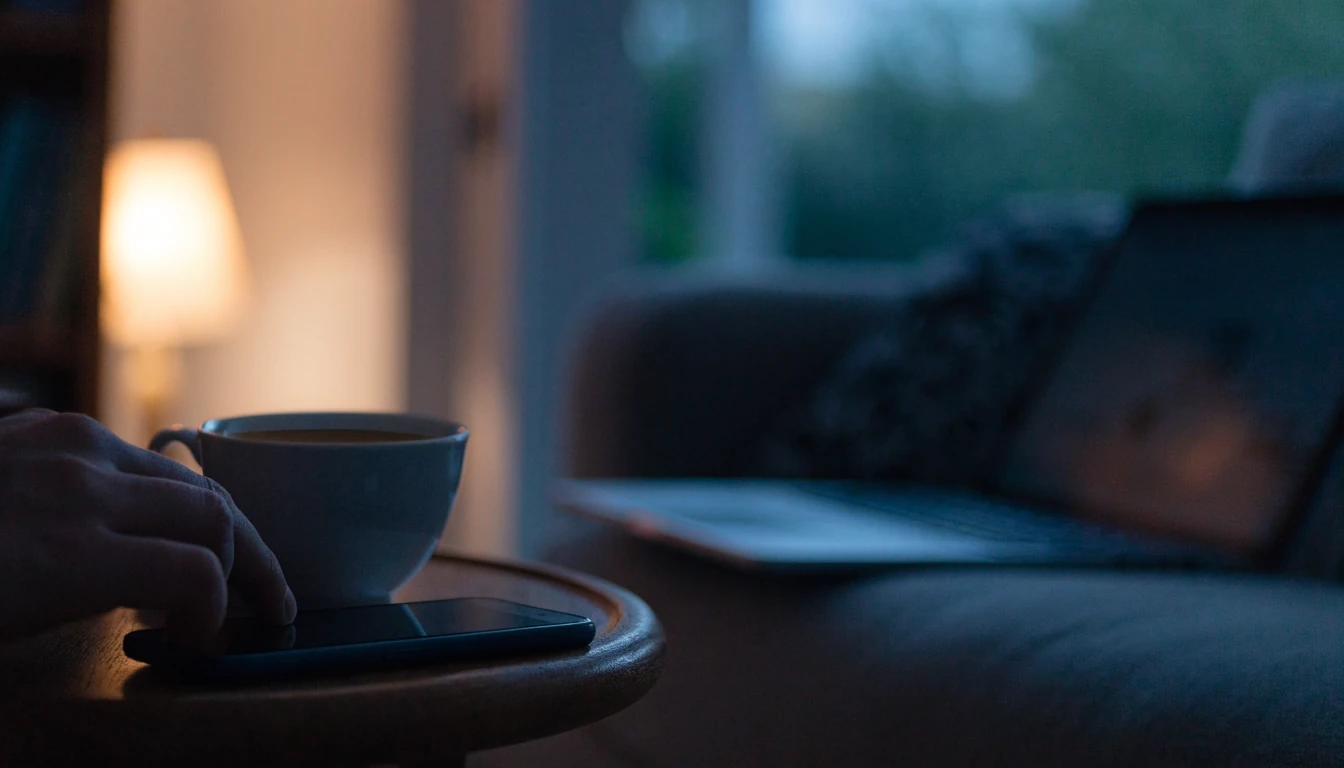 Hand holding a mobile phone on a table in a cozy UK home