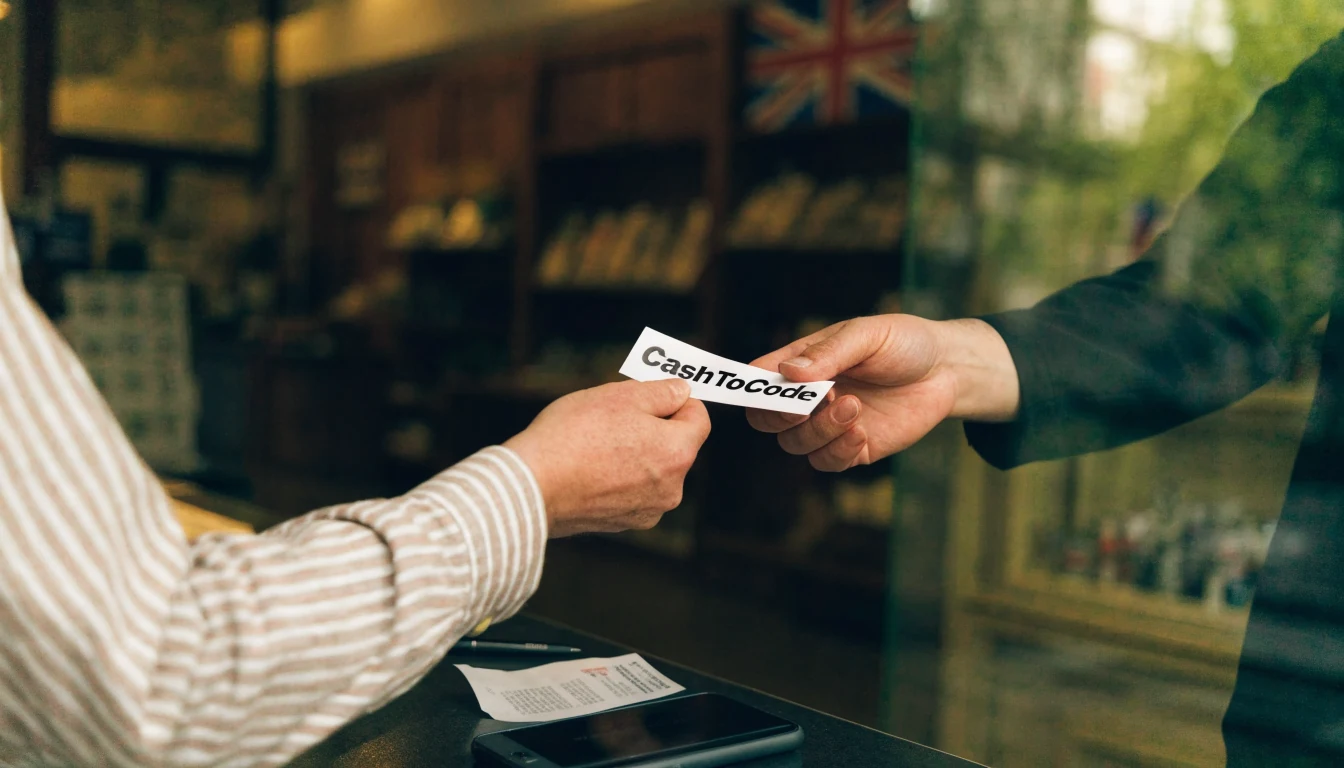 Printed CashToCode payment voucher exchanged at a UK shop counter
