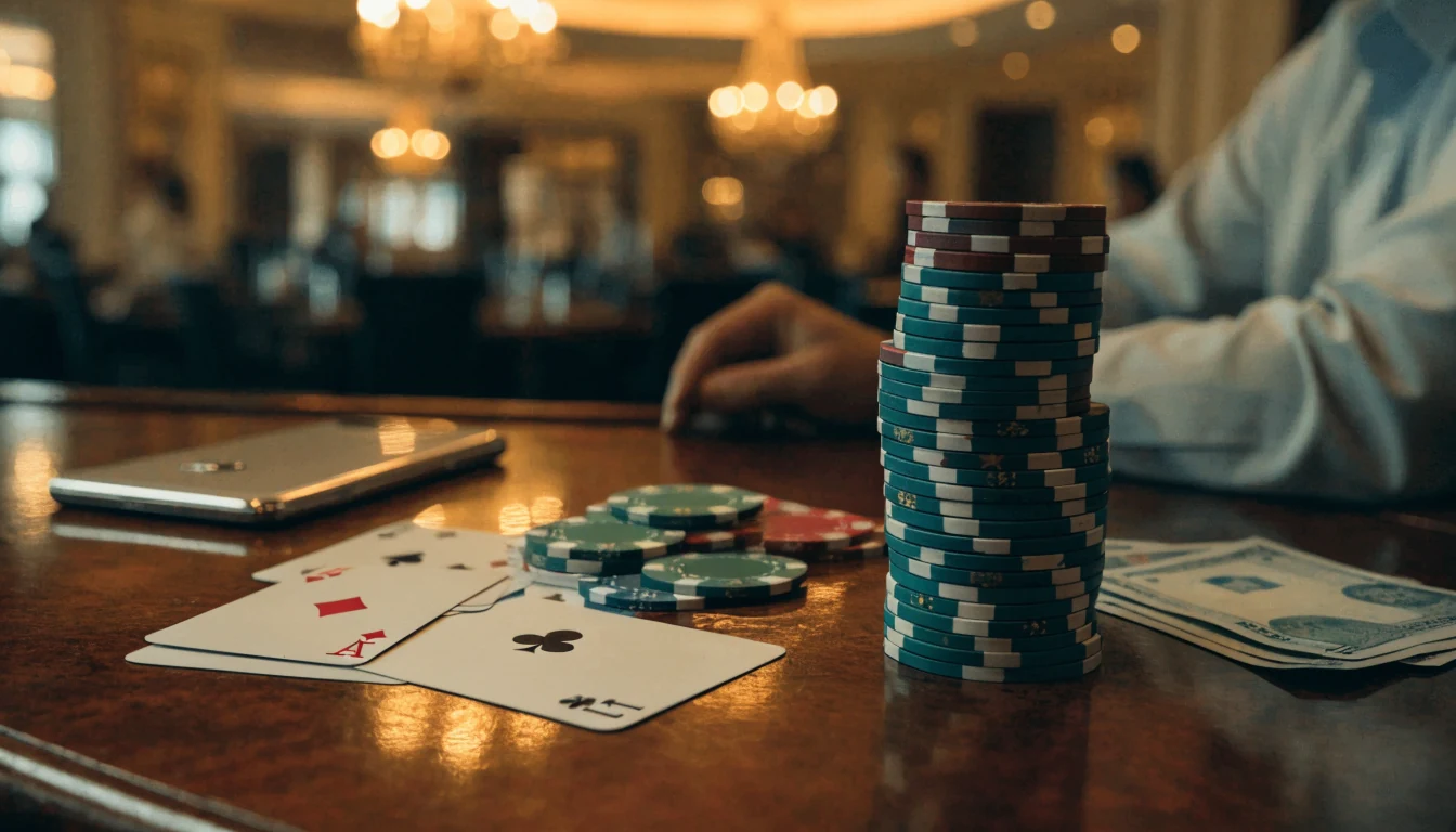 Casino cashier counter with chips, cards, and a face-down smartphone in a UK casino