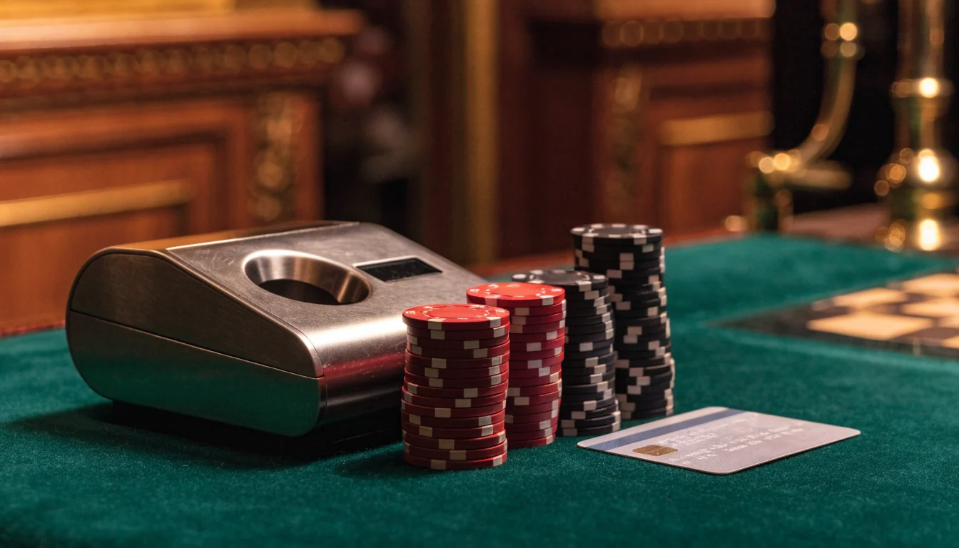 Luxurious UK casino cashier counter with payment terminal and poker chips