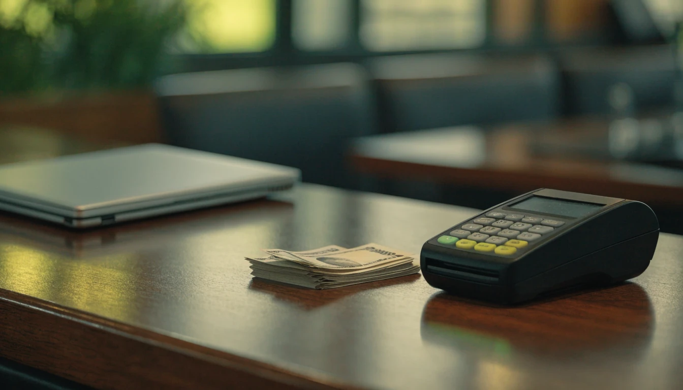 UK casino cashier counter with closed laptop, pound notes, and payment terminal
