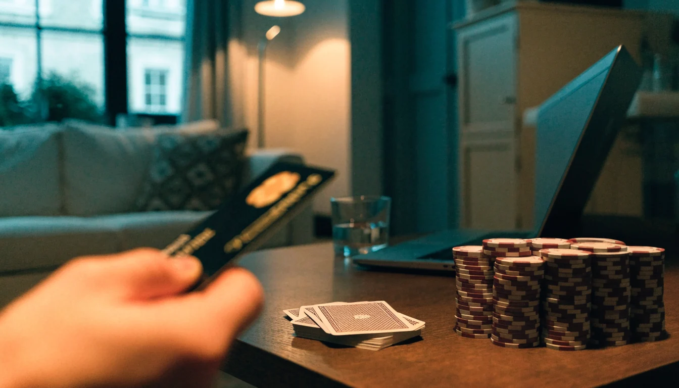 Hand holding a debit card near a closed laptop with poker chips and playing cards on a table.