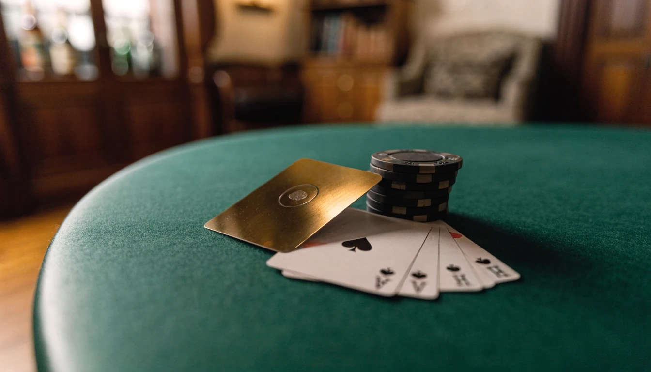Premium payment card with casino chips on a green felt table in an upscale UK club setting.
