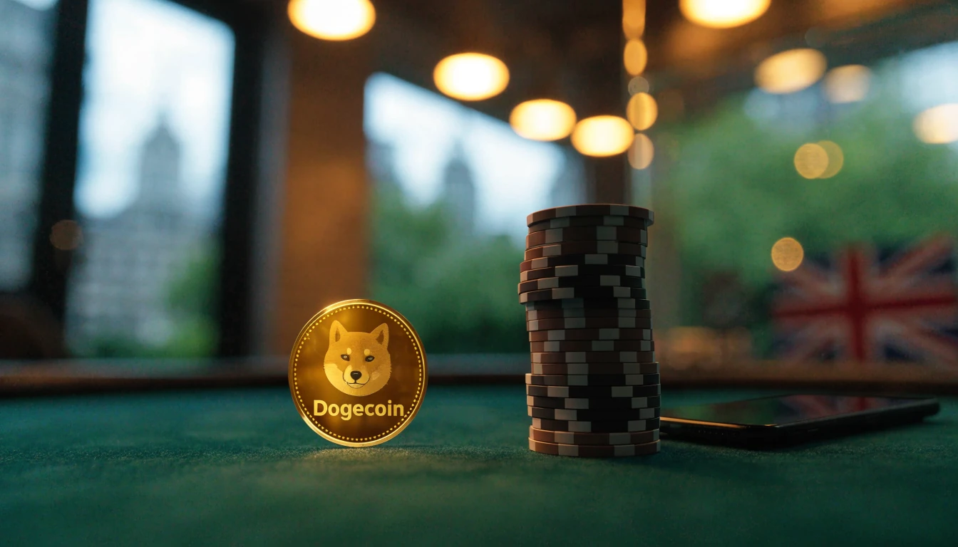 Dogecoin coin on a green casino table with chips and a smartphone