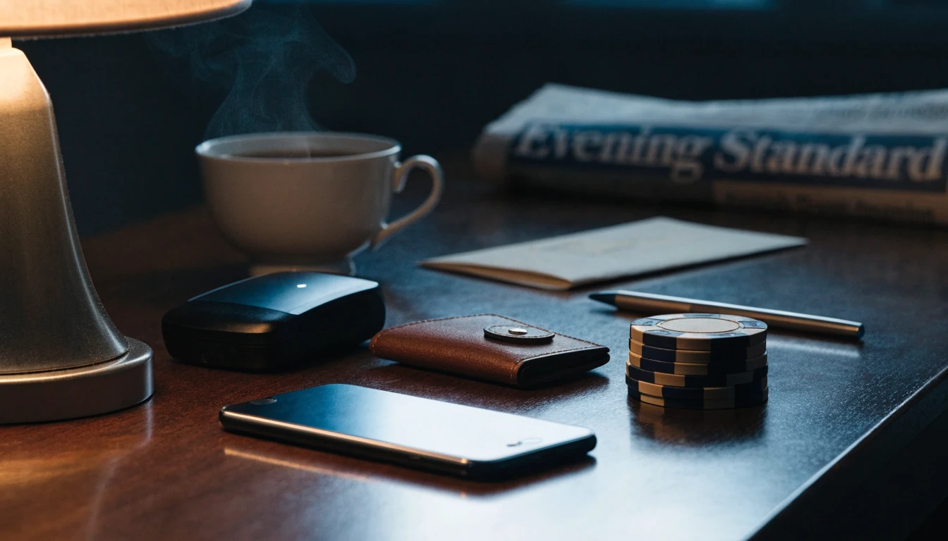 Smartphone, payment terminal, casino chips, and a teacup on a dark wooden desk, UK home setting.