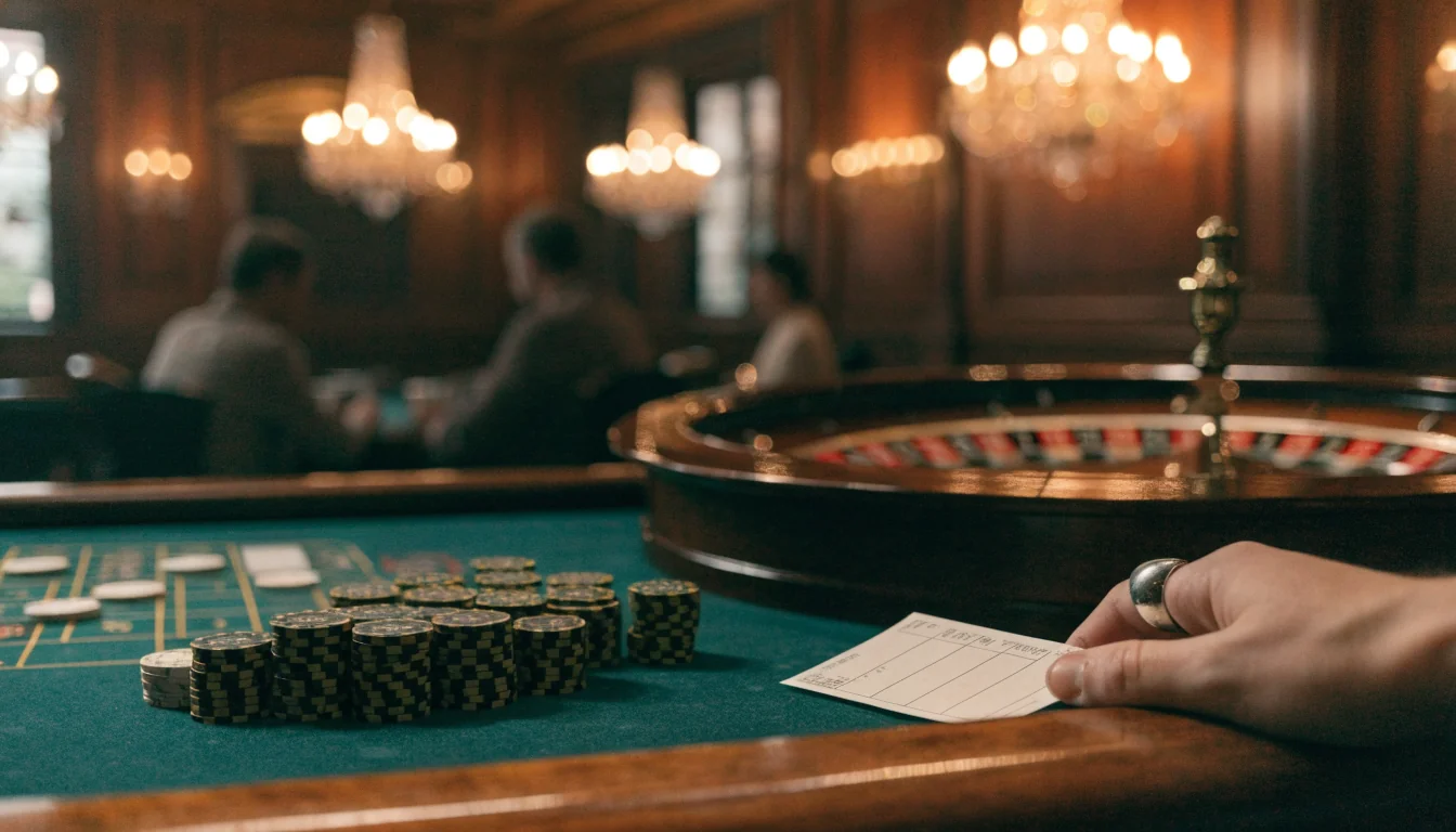 British casino interior with roulette table, chips, and a cheque on the felt.