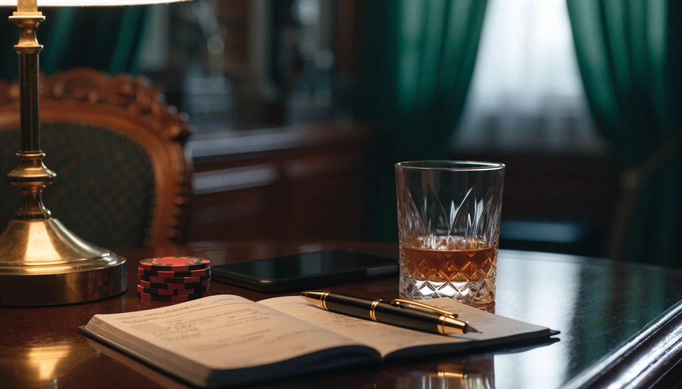 British home desk with open chequebook, casino chips, smartphone and whisky glass