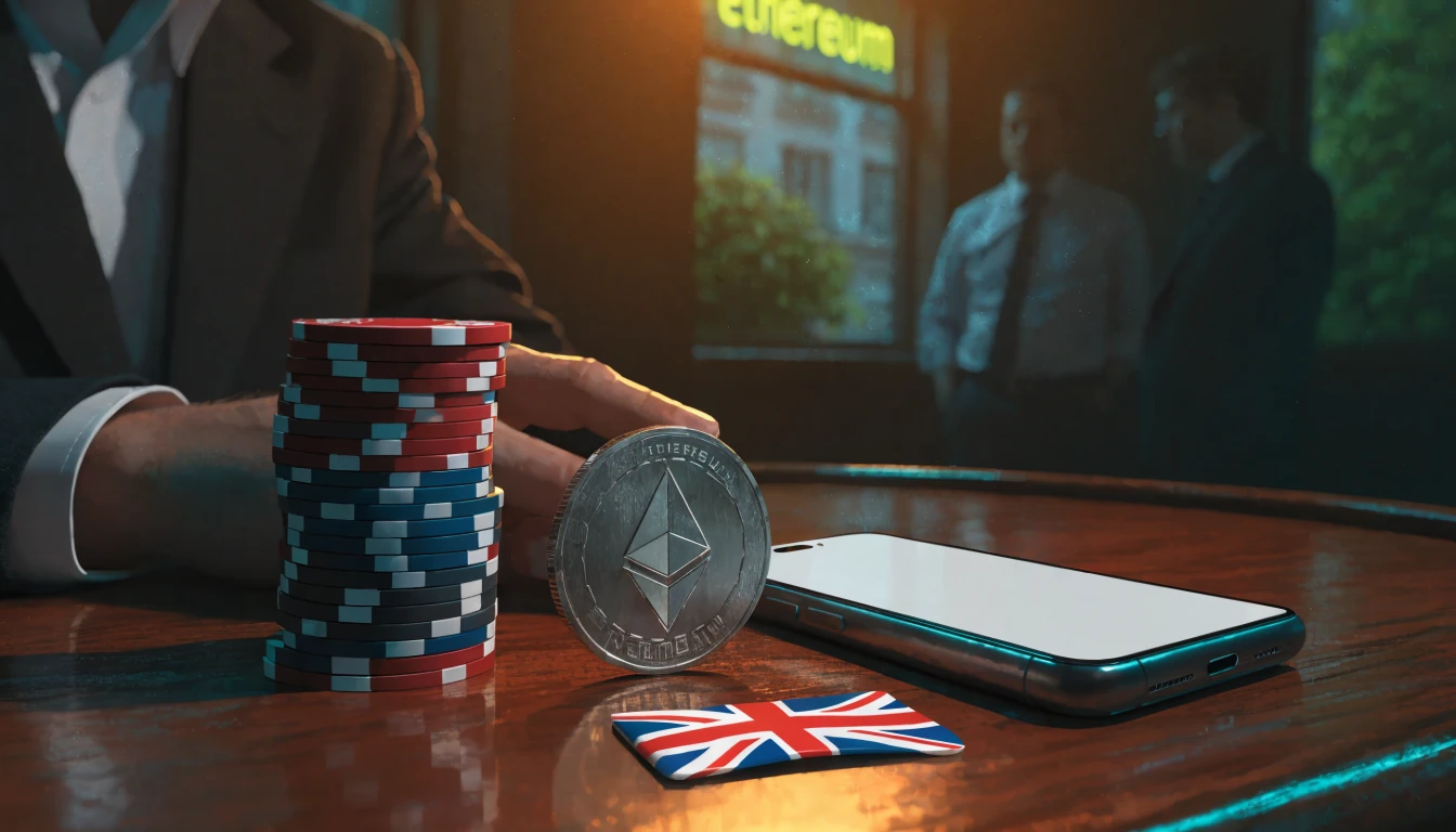 Ethereum coin, casino chips and smartphone on a dark lounge table