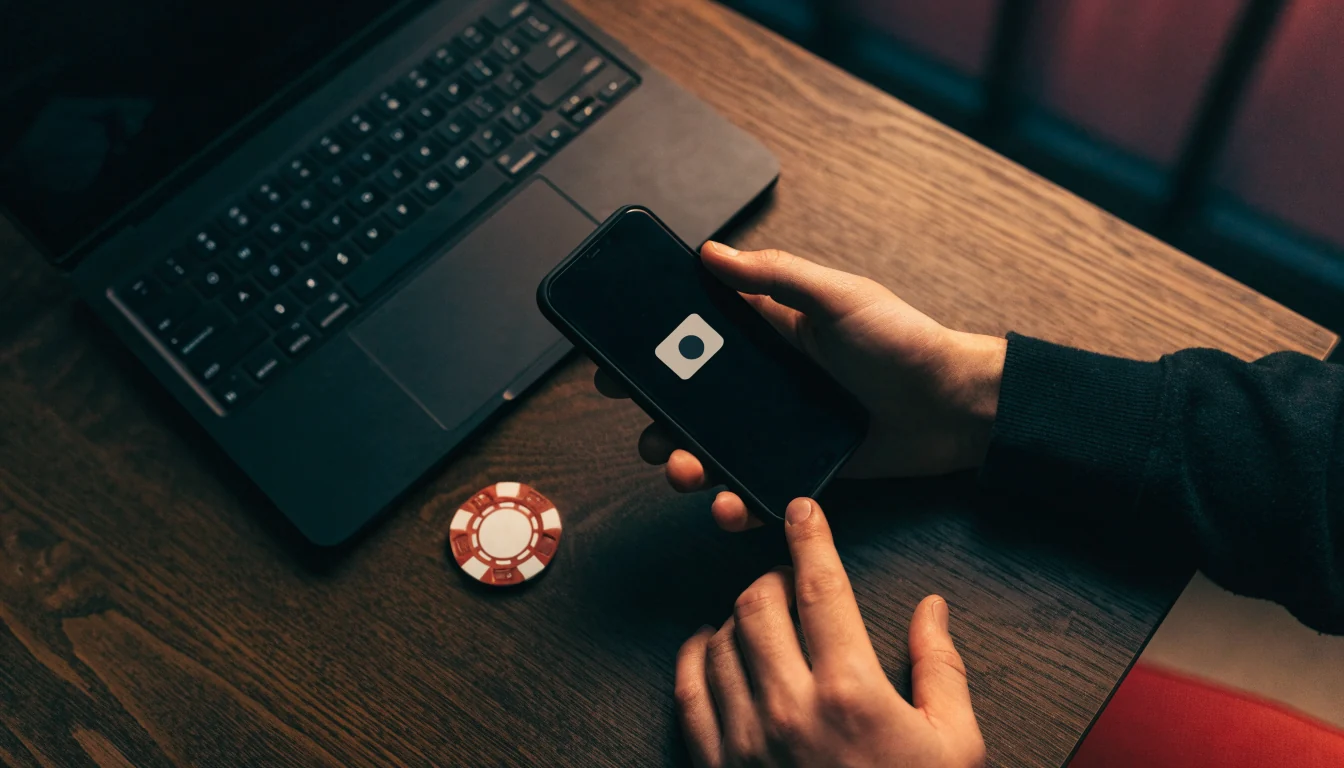 Hands using a smartphone to check online casino payment options on a wooden desk.