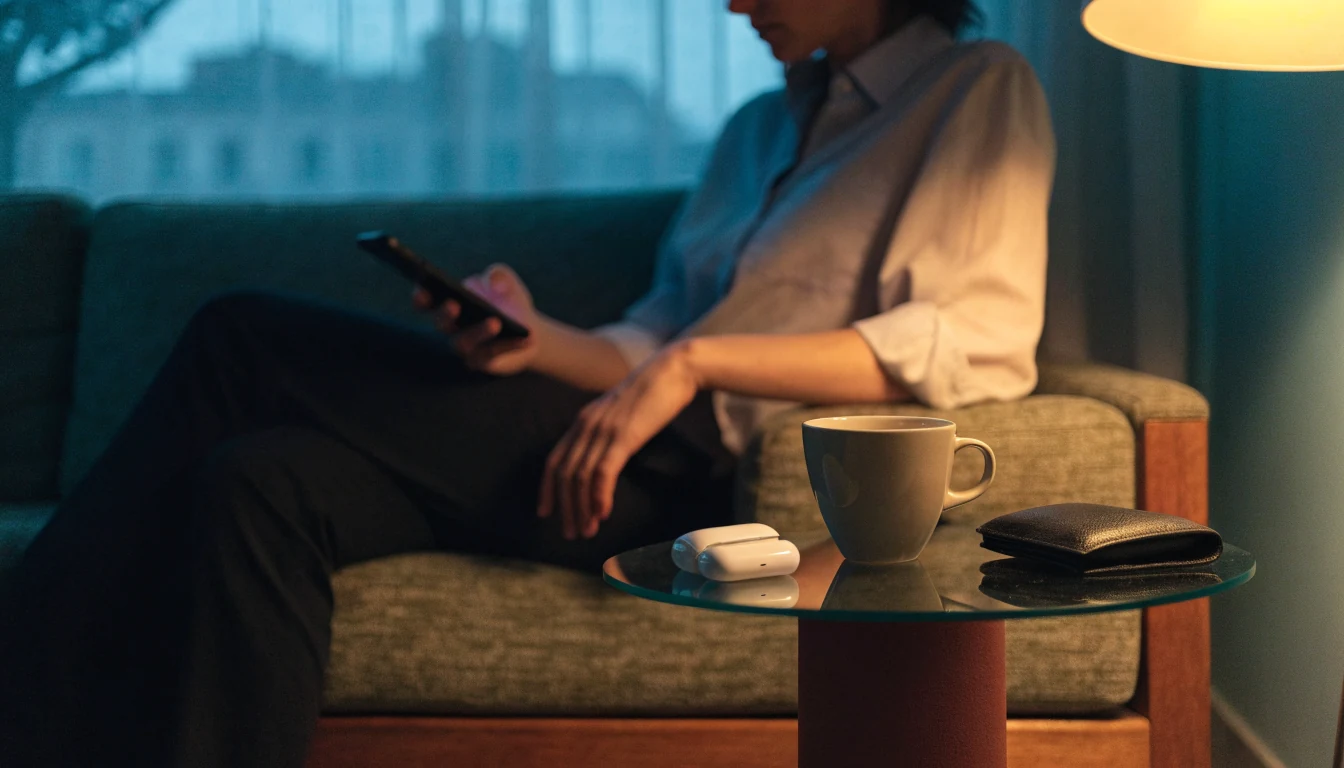Person relaxing on sofa with smartphone and tea in modern British home