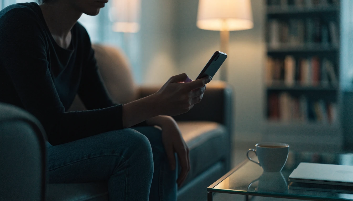 Person checking payment options on a phone in a British living room