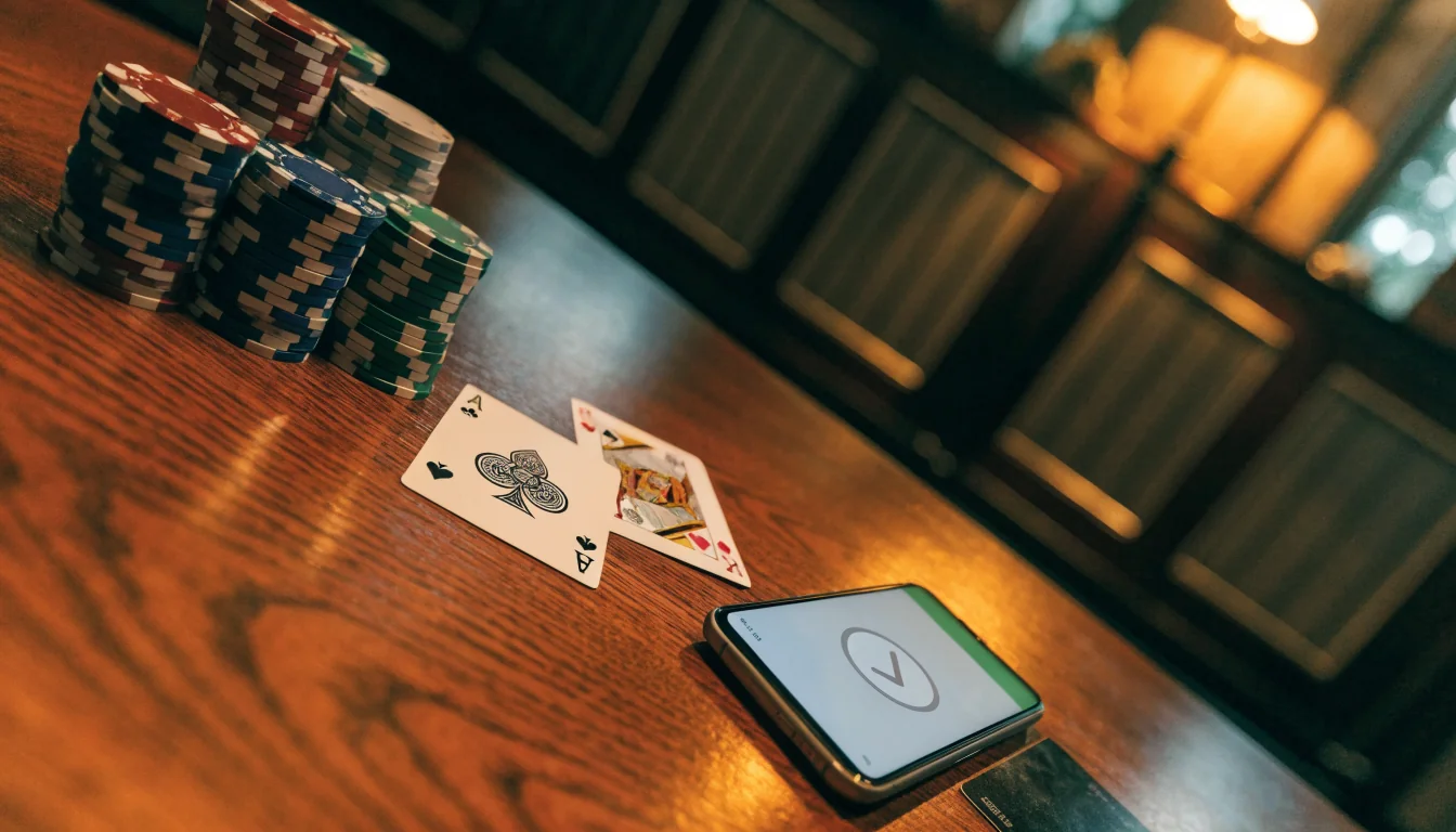 Casino chips, playing cards and smartphone showing payment confirmation on wooden table in warm British club setting