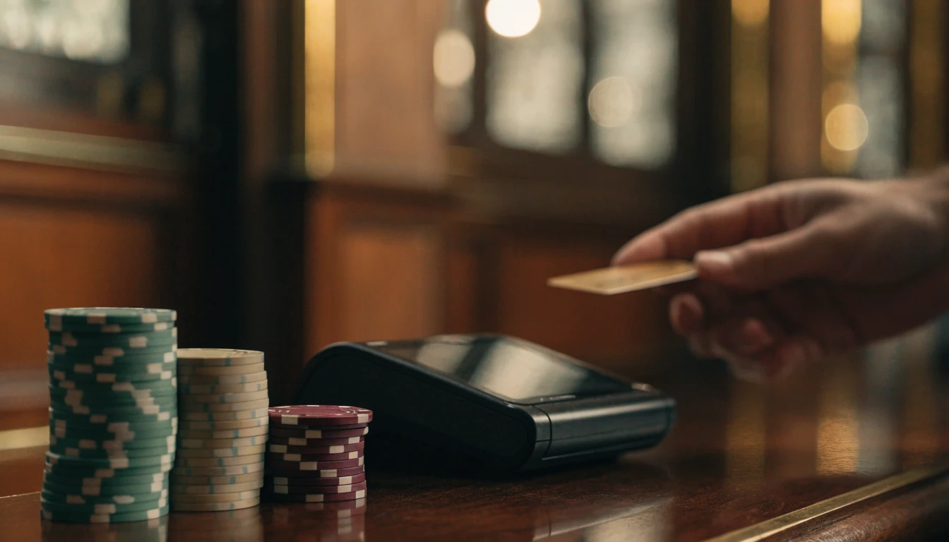 Casino cashier desk with stacked chips and a card payment terminal.